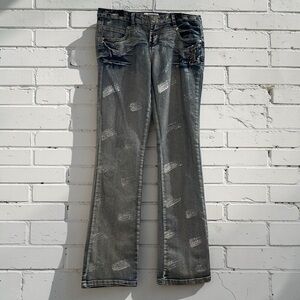 1080 Y2K Low Rise Bootcut Jeans Silver Paint Splatter Studded Pockets 30x30.5 M